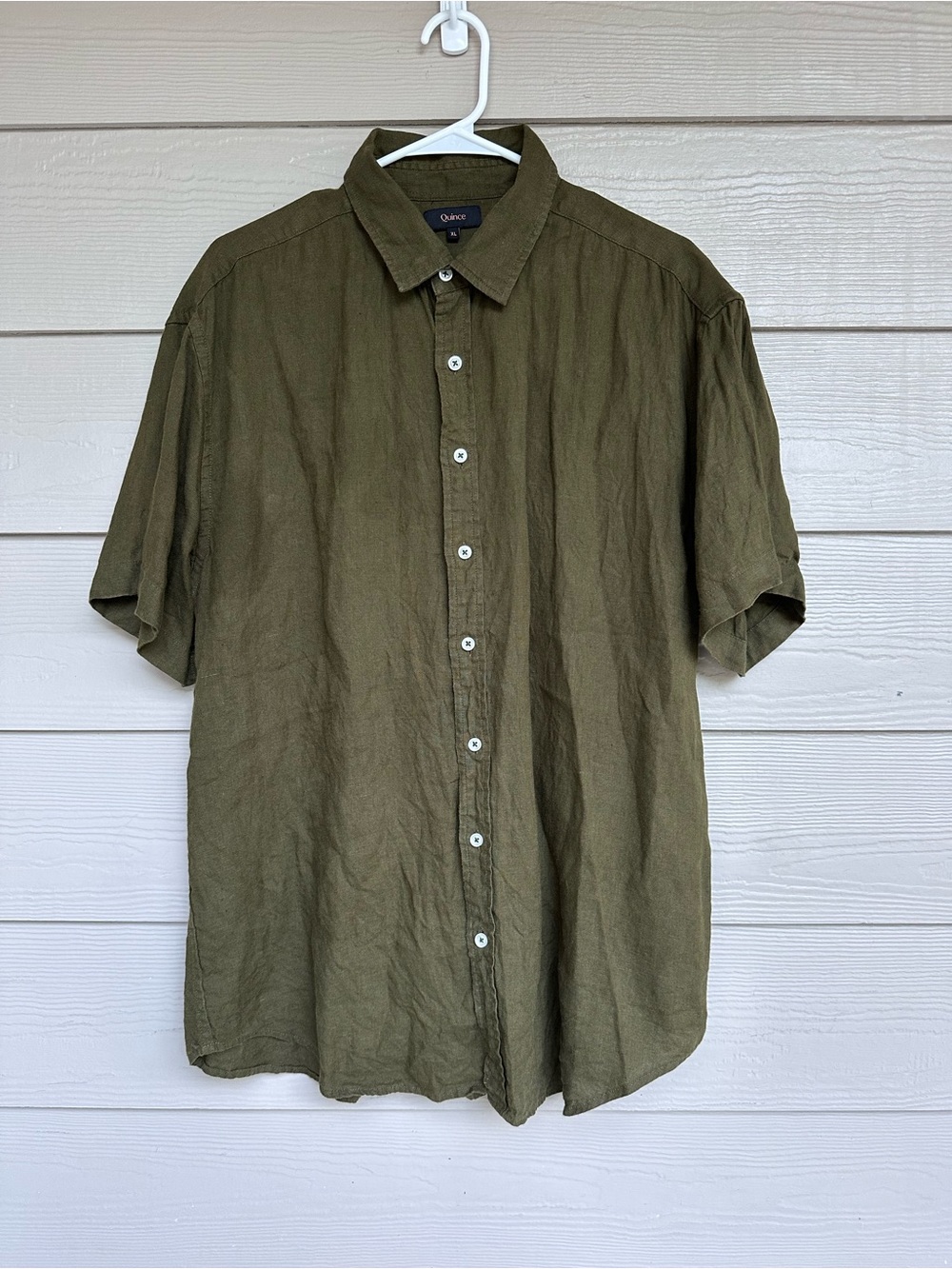 Quince 100% European Linen Relaxed Short Sleeve Shirt Men's Olive Green XL (C28)